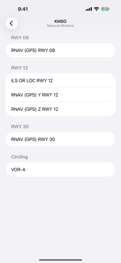 The list of published instrument approaches for an airport.