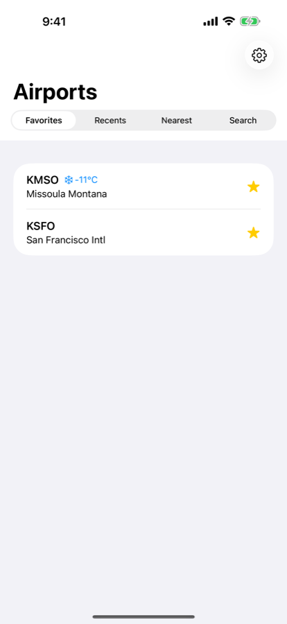 The airports screen showing favorites, with KMSO Missoula Montana at minus 11 degrees Celsius.