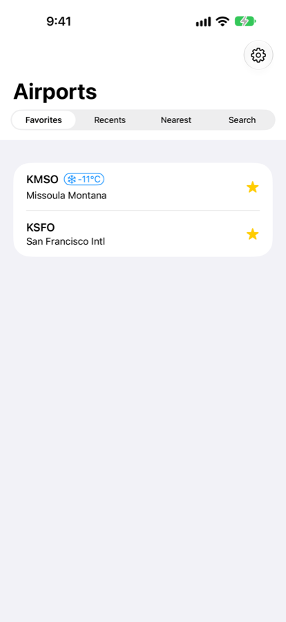 The airports screen showing favorites, with KMSO Missoula Montana at minus 11 degrees Celsius.