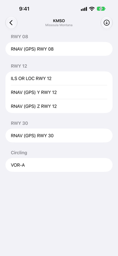 The list of published instrument approaches for an airport.